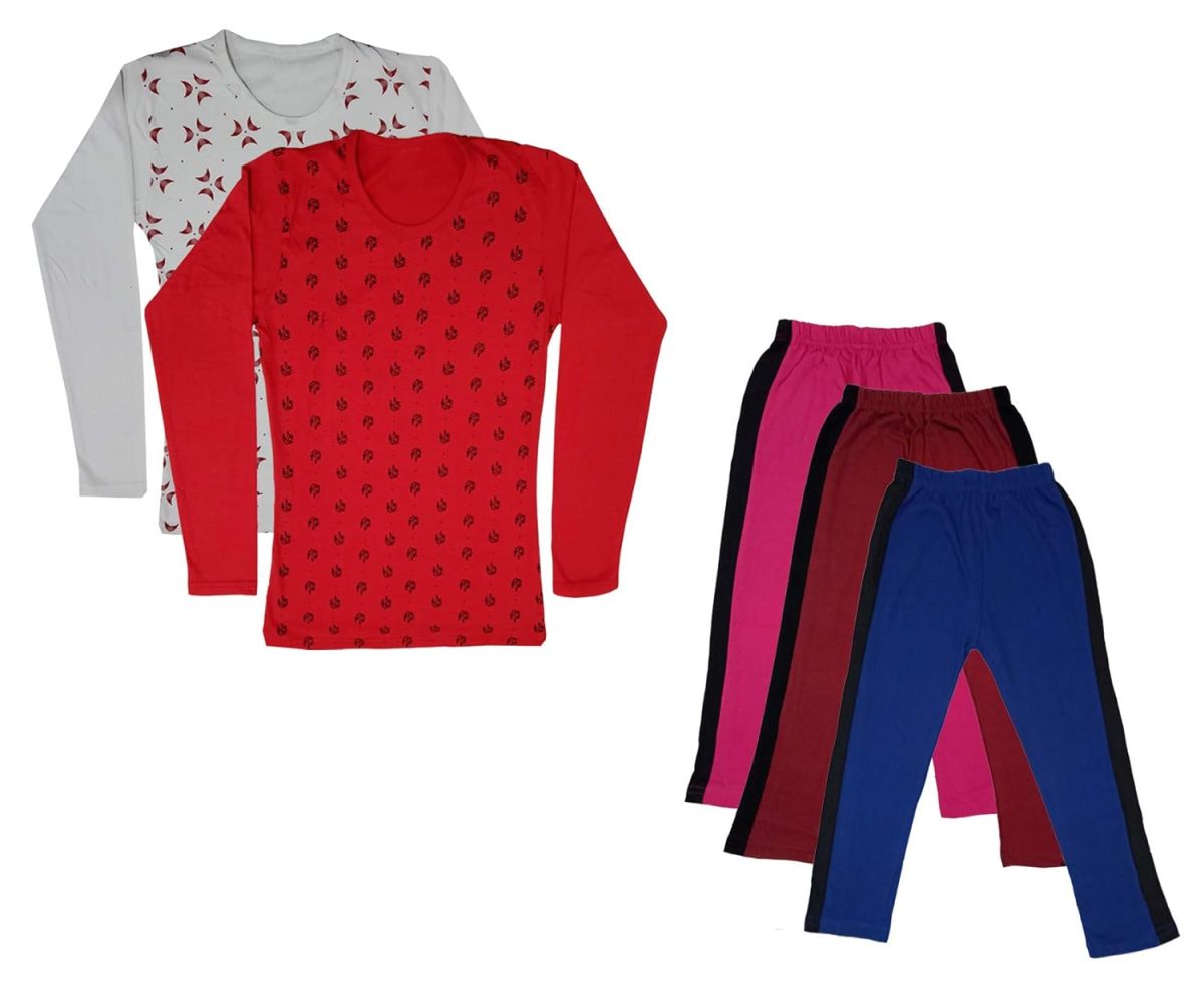 IndiWeaves Girls Cotton Full Sleeve Printed T-Shirts and Cotton Capri 3/4 Pants (Magenta,Maroon,Blue,White,Red,6-7 Years) Pack of 5