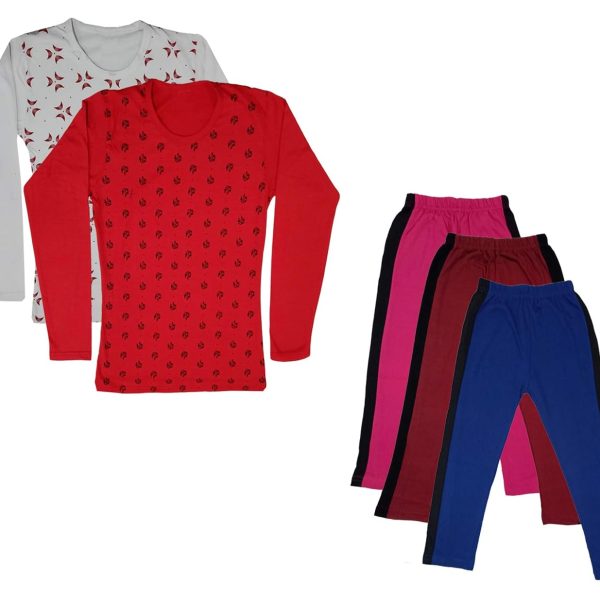 IndiWeaves Girls Cotton Full Sleeve Printed T-Shirts and Cotton Capri 3/4 Pants (Magenta,Maroon,Blue,White,Red,6-7 Years) Pack of 5
