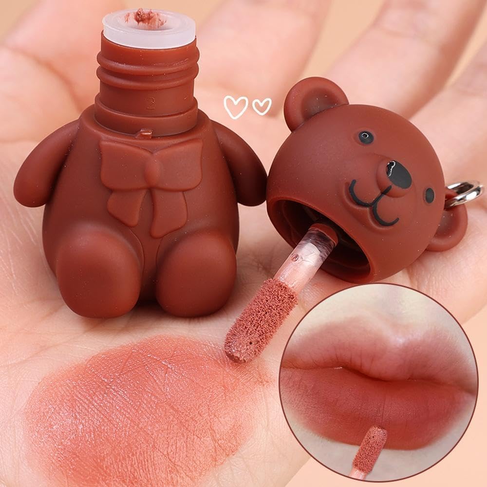 Cute 2in1 Matte Teddy Bear Keychain Lipstick | Long Lasting, Non-Sticky and Non-Drying, Lip Mud Velvet Shades For Lip Plumping Waterproof, Hydrating and Moisturizing Lip Oil (2Pcs)