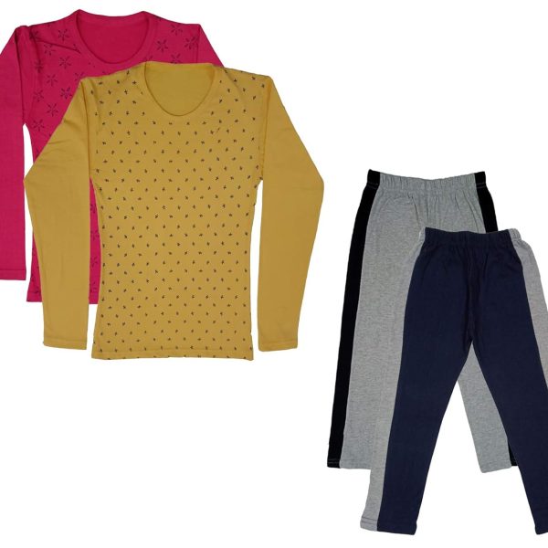 IndiWeaves Girls Cotton Full Sleeve Printed T-Shirts and Cotton Capri 3/4 Pants (Grey,Navy Blue,Magenta,Yellow,15-16 Years) Pack of 4