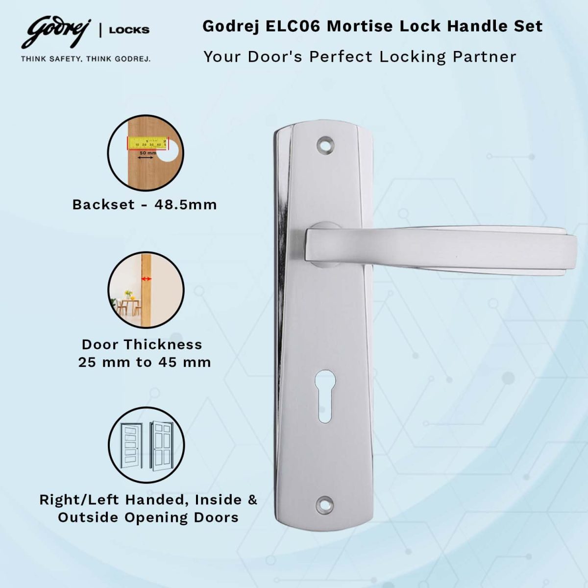 Godrej Mortise Door Lock Handle Set | 175mm ELC 06 | 6-Lever Locking Mechanism | Suitable for Doors (Satin Steel Finish) | 1 Years Warranty - Image 4