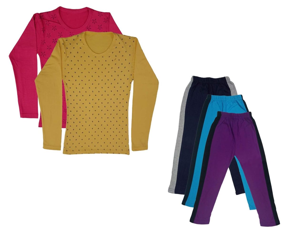 IndiWeaves Girls Cotton Full Sleeve Printed T-Shirts and Cotton Capri 3/4 Pants (Navy Blue,Sky Blue,Purple,Magenta,Yellow,12-13 Years) Pack of 5