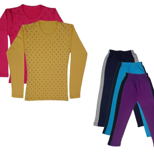 IndiWeaves Girls Cotton Full Sleeve Printed T-Shirts and Cotton Capri 3/4 Pants (Navy Blue,Sky Blue,Purple,Magenta,Yellow,12-13 Years) Pack of 5
