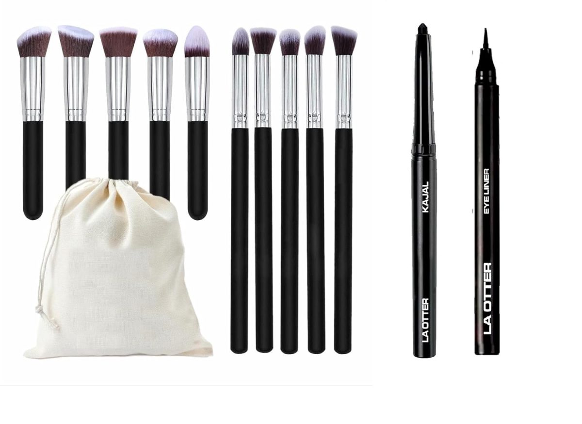 LA OTTER Premium Synthetic Kabuki Foundation Face Powder Blush Eyeshadow Brush Makeup Brush Kit with Kajal,smudge- proof eyeliner and storage potli