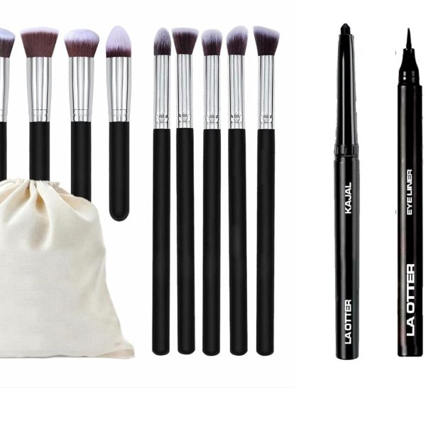 LA OTTER Premium Synthetic Kabuki Foundation Face Powder Blush Eyeshadow Brush Makeup Brush Kit with Kajal,smudge- proof eyeliner and storage potli