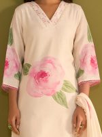 INDO ERA Women's Straight Linen Floral Print with Sequines Work Kurta Pant with Dupatta Set (IEOUT9825) - Image 5