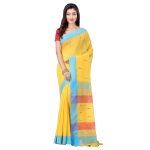 dB DESH BIDESH Women's Tant Cotton Saree With Blouse Piece (DBSARE16022019WOBT1_Yellow, Blue & Red)