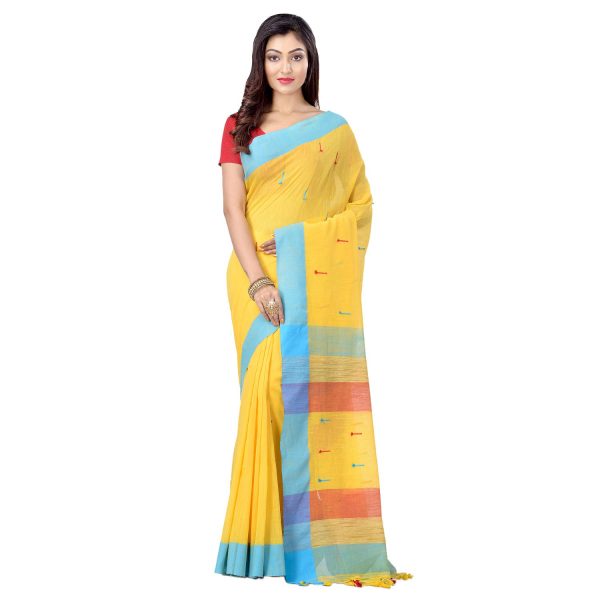 dB DESH BIDESH Women's Tant Cotton Saree With Blouse Piece (DBSARE16022019WOBT1_Yellow, Blue & Red)