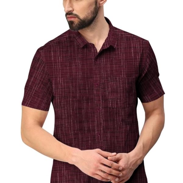 Men's Cotton Khadi Half Sleeve Shirt, Front Pocket, Textured Pattern, Spread Collar