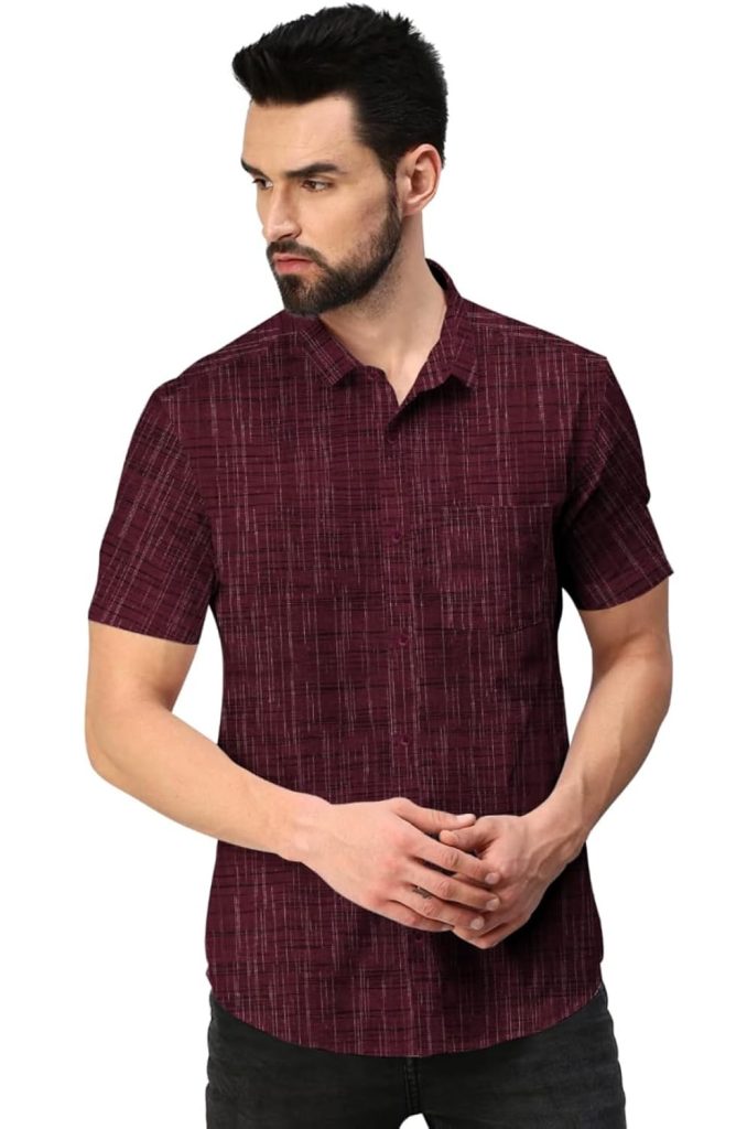 Men's Cotton Khadi Half Sleeve Shirt, Front Pocket, Textured Pattern, Spread Collar