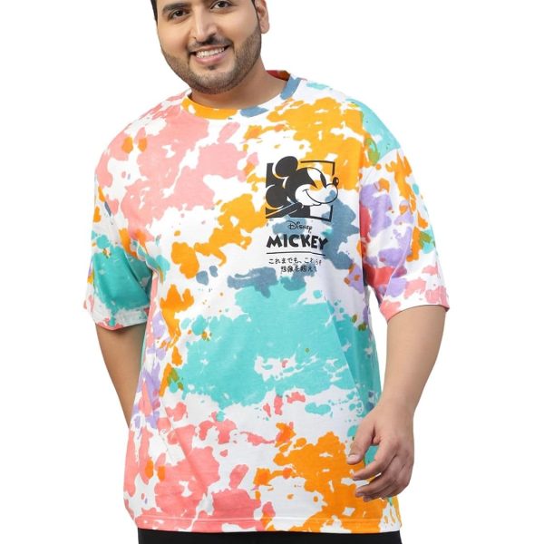 Veirdo® 100% Pure Cotton Officical Disney Merchandise Mickey Mouse Printed Oversized Drop Shoulder Tie & Dye T-Shirt for Men (Sizes: 2XL to 5XL)