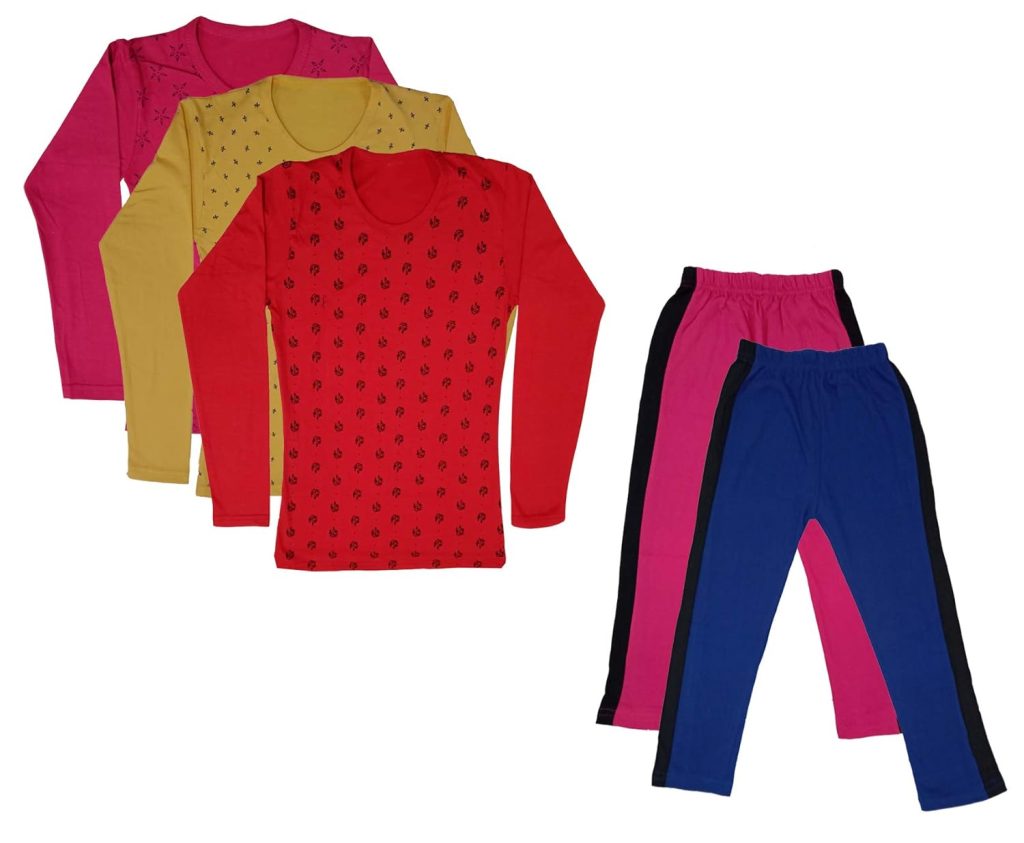 IndiWeaves Girls Cotton Full Sleeve Printed T-Shirts and Cotton Capri 3/4 Pants (Magenta,Blue,Magenta,Yellow,Red,11-12 Years) Pack of 5