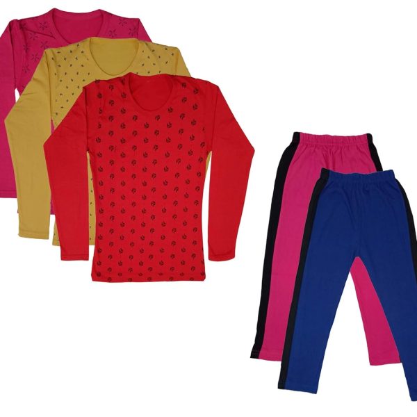 IndiWeaves Girls Cotton Full Sleeve Printed T-Shirts and Cotton Capri 3/4 Pants (Magenta,Blue,Magenta,Yellow,Red,11-12 Years) Pack of 5