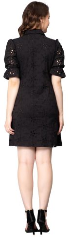 NUEVOSDAMAS Women Pure Cotton Self Design Schiffli Embroidered Shirt Dress - Image 2