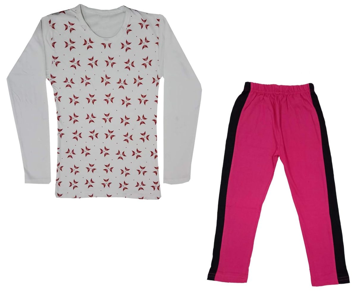 IndiWeaves Girls Cotton Full Sleeve Printed T-Shirts and Cotton Capri 3/4 Pants(Magenta,White,17-18Years) Pack of 2