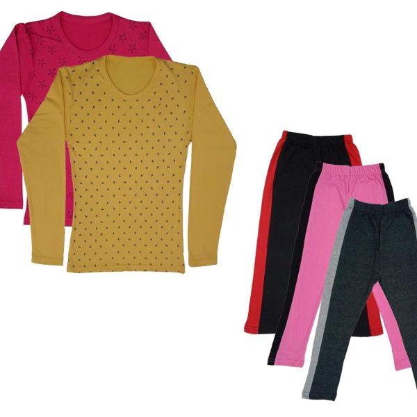 IndiWeaves Girls Cotton Full Sleeve Printed T-Shirts and Cotton Capri 3/4 Pants (Black,Pink,Dark Grey,Magenta,Yellow,14-15 Years) Pack of 5
