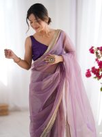 AKHILAM Women's Shimmer Net Solid Saree With Unstitched Blouse Piece - Image 5