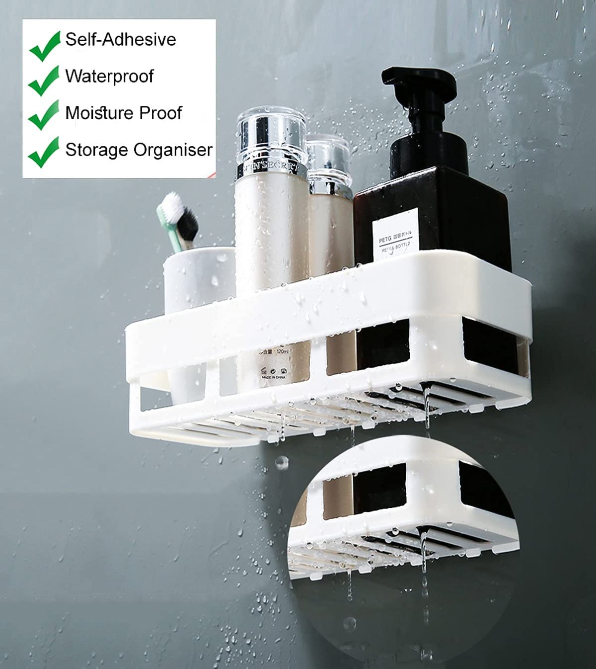 MorivaHomes Self Adhesive Multipurpose Wall Mount Bathroom Shelf For Wall Soap Dish Holder For Wall Bathroom Accessories Utensils Rack Organiser (White, 2 Bathroom Shelves & 2 Soap Dish Holder) - Image 3