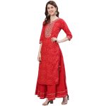 ishin Women's Cotton Bandhani Embroidered Straight Kurta Set with Sharara and Dupatta - Image 7