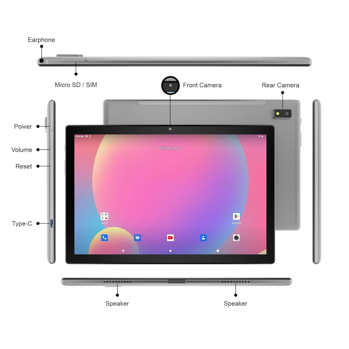 DOMO Slate SLP9 OS12 T310 10.1-Inch 1920 x1200 IPS LCD, 4G Tablet PC, 4GB RAM, 64GB Storage, Android 12 | 1TB Expandable, Dual SIM, GPS, Bluetooth (Grey) - Image 6