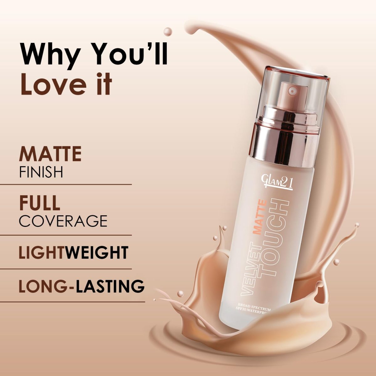 Glam21 Velvet Touch Oil Control Silk Foundation|Waterproof, High Coverage, Velvet Matte Finish,Ultimate Full coverage, Lightweight and Breathable,SPF 35 Long Lasting|Almond-50gm - Image 3
