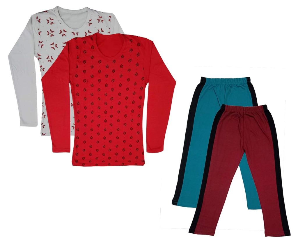 IndiWeaves Girls Cotton Full Sleeve Printed T-Shirts and Cotton Capri 3/4 Pants (Green,Maroon,White,Red,9-10 Years) Pack of 4