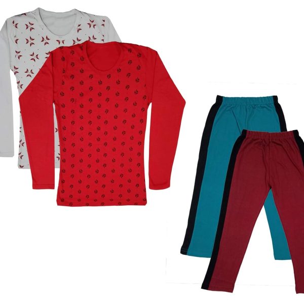 IndiWeaves Girls Cotton Full Sleeve Printed T-Shirts and Cotton Capri 3/4 Pants (Green,Maroon,White,Red,9-10 Years) Pack of 4