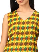 Inakshini Saachi Multi Color Checkes Viscos Rayon Sleeve Less Kurta in V Neck with Parala Pants - Image 5