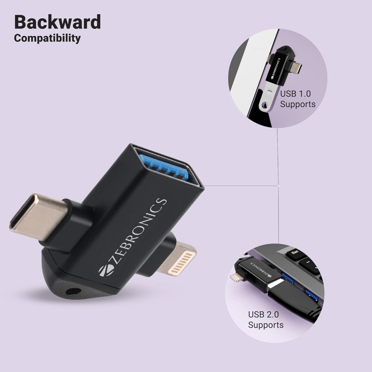 ZEBRONICS OTG2, 2 in 1 Lightning | Type C - USB OTG Converter, USB 3.0, Backward Compatible, Speeds Upto 5Gbps, Compatible with iPhone, iPad, Android, Laptop - Image 5