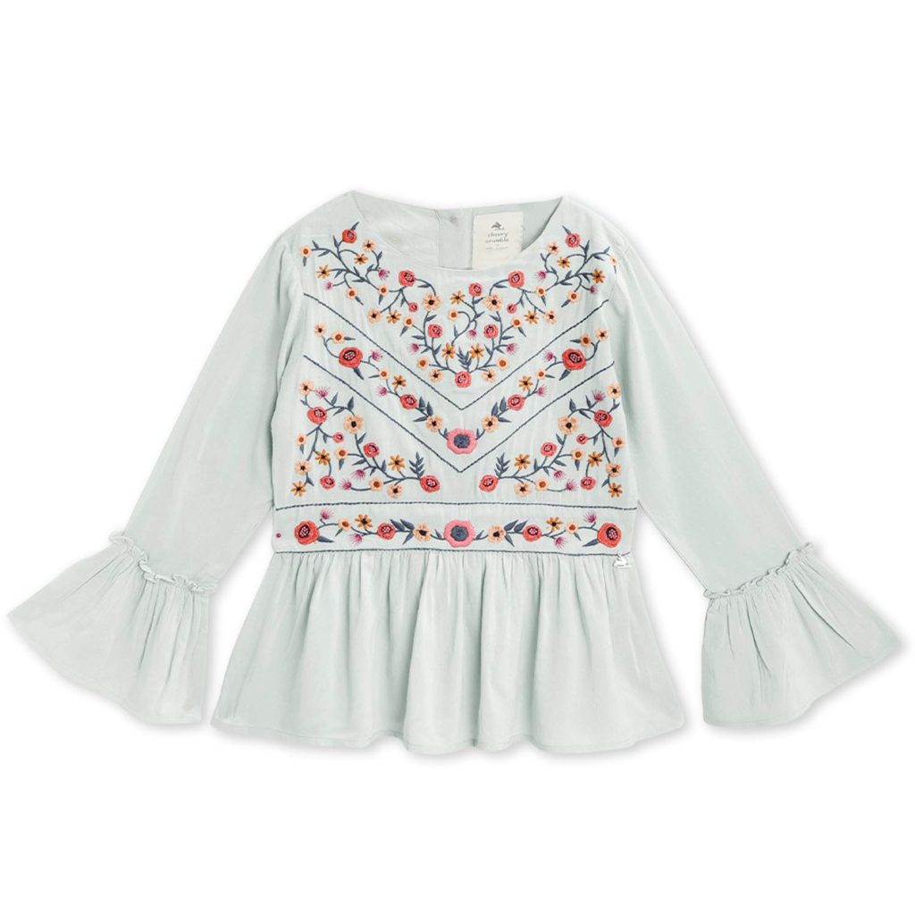 Cherry Crumble Sea Green Embroidered 100% Cotton Full Sleeves Round Neck Casual Wear Regular Fit Embroidered Summer Top for Girls