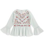 Cherry Crumble Sea Green Embroidered 100% Cotton Full Sleeves Round Neck Casual Wear Regular Fit Embroidered Summer Top for Girls