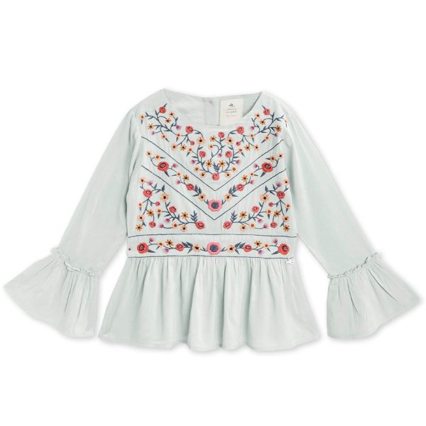 Cherry Crumble Sea Green Embroidered 100% Cotton Full Sleeves Round Neck Casual Wear Regular Fit Embroidered Summer Top for Girls