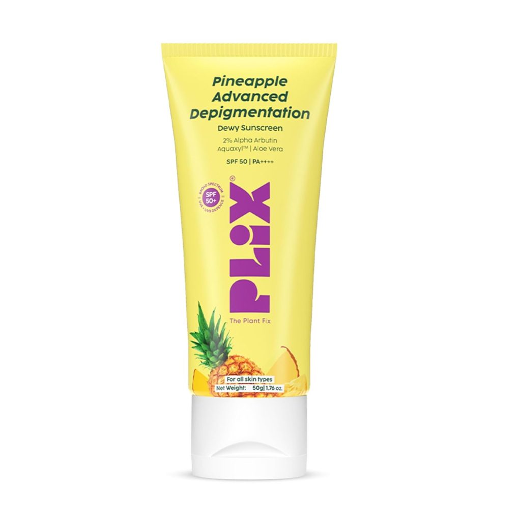PLIX - THE PLANT FIX Pineapple Advanced Depigmentation Dewy Sunscreen SPF 50 PA++++ | Alpha Arbutin & Aquaxyl | Reduces Pigmentation, Protects from UV & Blue Light, Hydrates Skin | Vegan & Paraben-Free | 50g