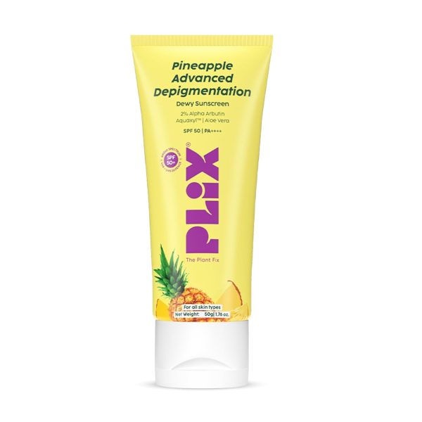 PLIX - THE PLANT FIX Pineapple Advanced Depigmentation Dewy Sunscreen SPF 50 PA++++ | Alpha Arbutin & Aquaxyl | Reduces Pigmentation, Protects from UV & Blue Light, Hydrates Skin | Vegan & Paraben-Free | 50g