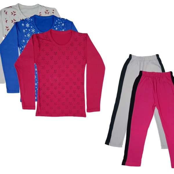 IndiWeaves Girls Cotton Full Sleeve Printed T-Shirts and Cotton Capri 3/4 Pants (White,Magenta,White,Blue,Magenta,14-15 Years) Pack of 5