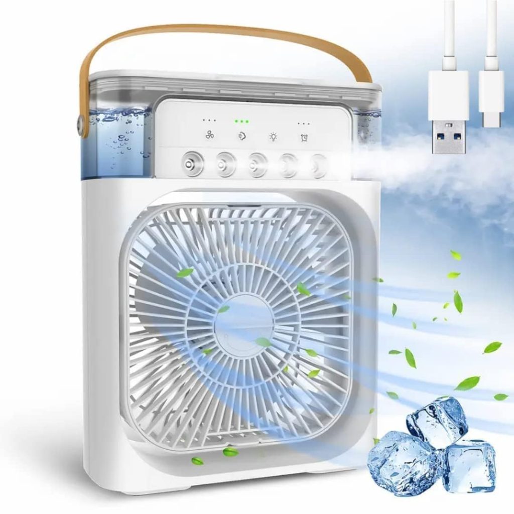 DPM Portable Air Conditioner Fan, Mini Evaporative Air Cooler with 7 Colors LED Light, 1/2/3 H Timer, 3 Wind Speeds, and 3 Spray Modes for Office, Home, Dorm, Travel Portable Air Conditioners