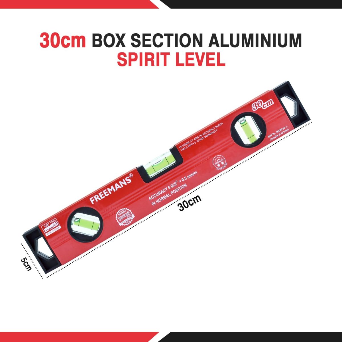 FREEMANS Box Section Aluminum Spirit Level with Magnet 30cm - Image 7