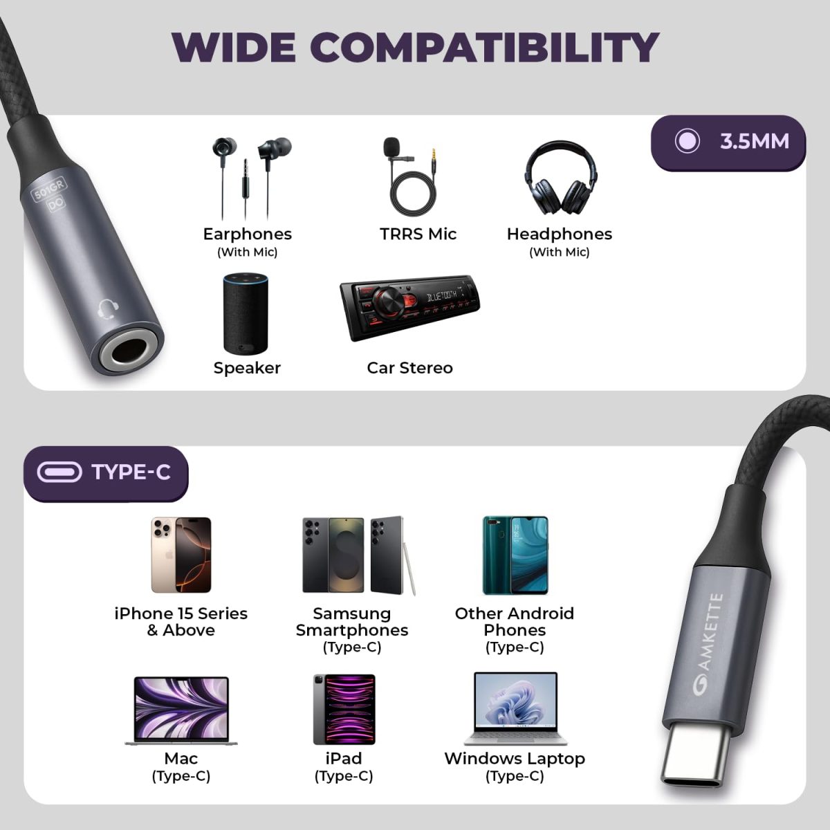 Amkette Type C to 3.5mm Audio Jack Connector | DAC Chipset | Kevlar Braided Cable | Compatible with iPhone 16,15 Series & Other Type C Phones | Premium Aluminum Build | Plug & Play Compatibility - Image 4