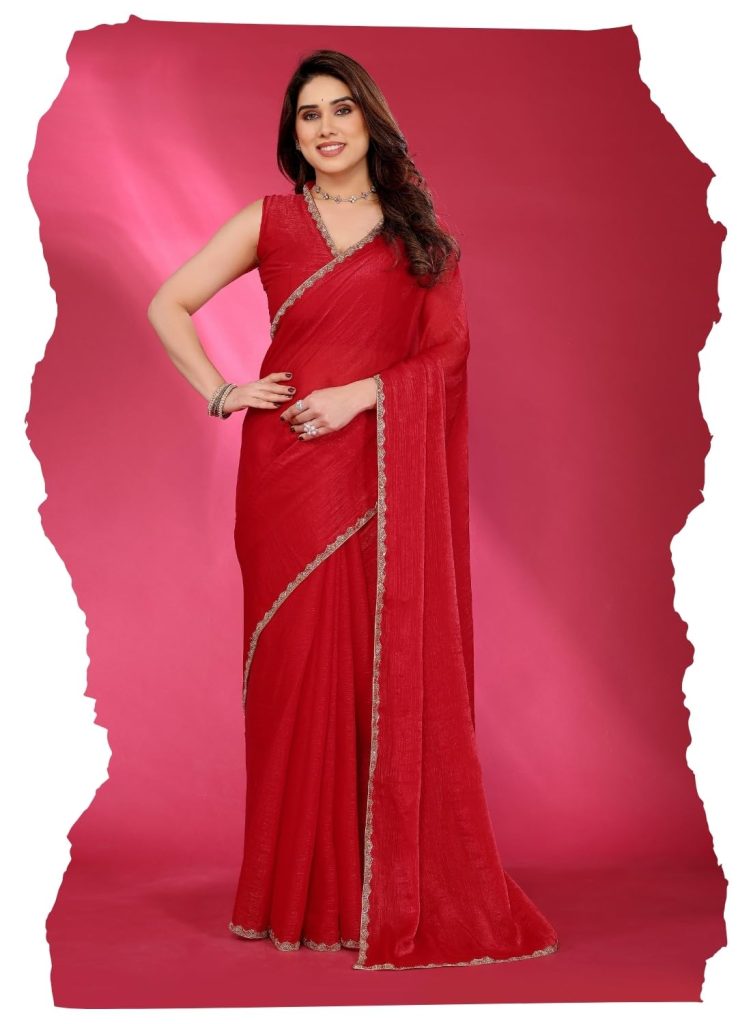 SAREEVILLA Womens New Latest Bollywood Party Fancy Soft Zimmy Choo Slik Embelished Lace Work Saree With Blouse | Saree For Womens