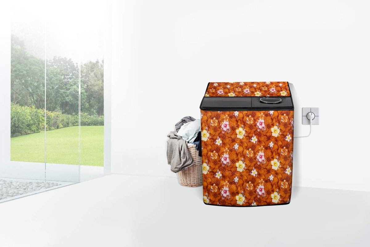 Stylista Washing Machine Cover Compatible for Whirlpool 9.5 kg semi Automatic ACE 9.5 XL Floral Pattern Orange - Image 2