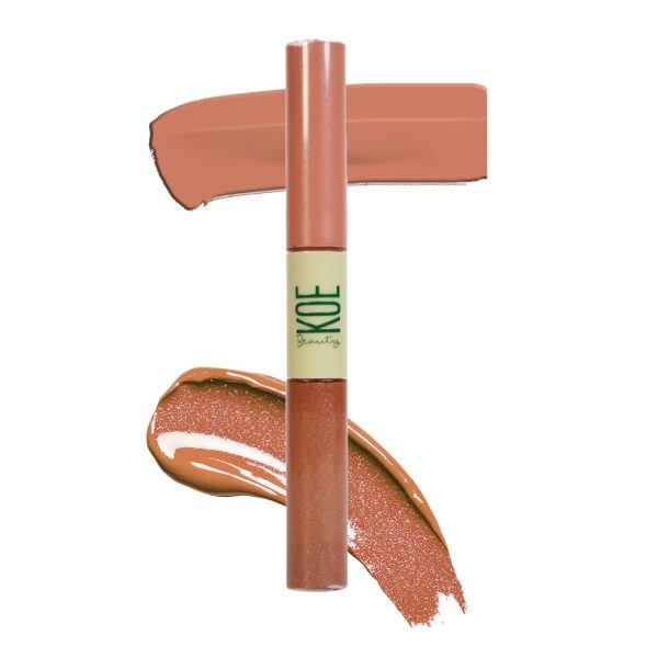 Koe Beauty Double Dip | Brown Sugar & Caramel | Warm Neutral Brown Matte Lipstick (2ml) Plus Rich Golden Glaze Buttery Finish Lip Topper (2ml) | Perfect Balance of Color & Shine
