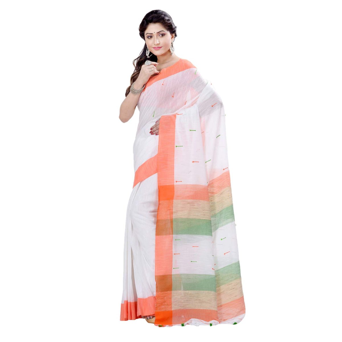 dB DESH BIDESH Women's Tri Color Pure Cotton Handloom Saree With Blouse Piece (Independance Day Saree Orange White Green) - Image 2
