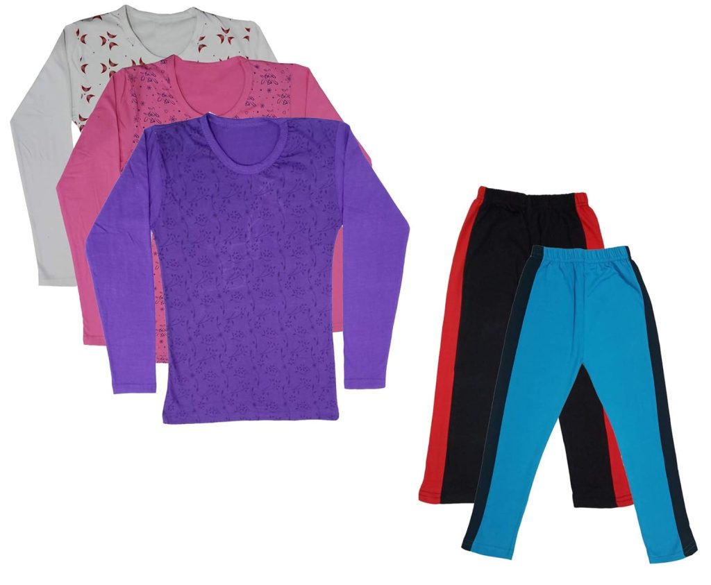 IndiWeaves Girls Cotton Full Sleeve Printed T-Shirts and Cotton Capri 3/4 Pants (Black,Sky Blue,White,Pink,Purple,15-16 Years) Pack of 5