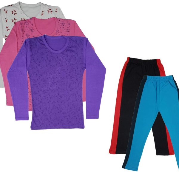 IndiWeaves Girls Cotton Full Sleeve Printed T-Shirts and Cotton Capri 3/4 Pants (Black,Sky Blue,White,Pink,Purple,15-16 Years) Pack of 5