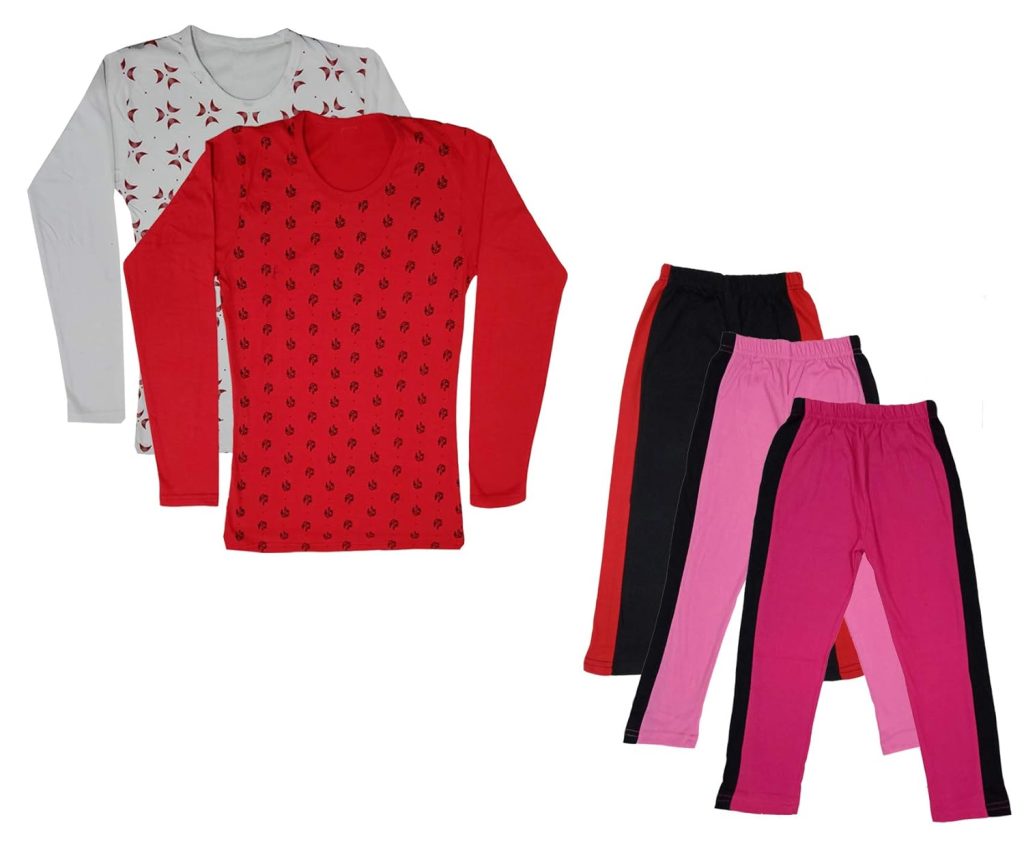 IndiWeaves Girls Cotton Full Sleeve Printed T-Shirts and Cotton Capri 3/4 Pants (Black,Pink,Magenta,White,Red,8-9 Years) Pack of 5