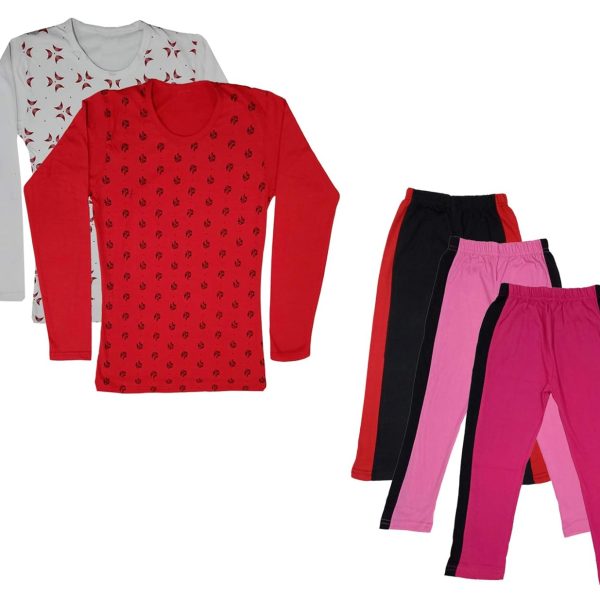 IndiWeaves Girls Cotton Full Sleeve Printed T-Shirts and Cotton Capri 3/4 Pants (Black,Pink,Magenta,White,Red,8-9 Years) Pack of 5