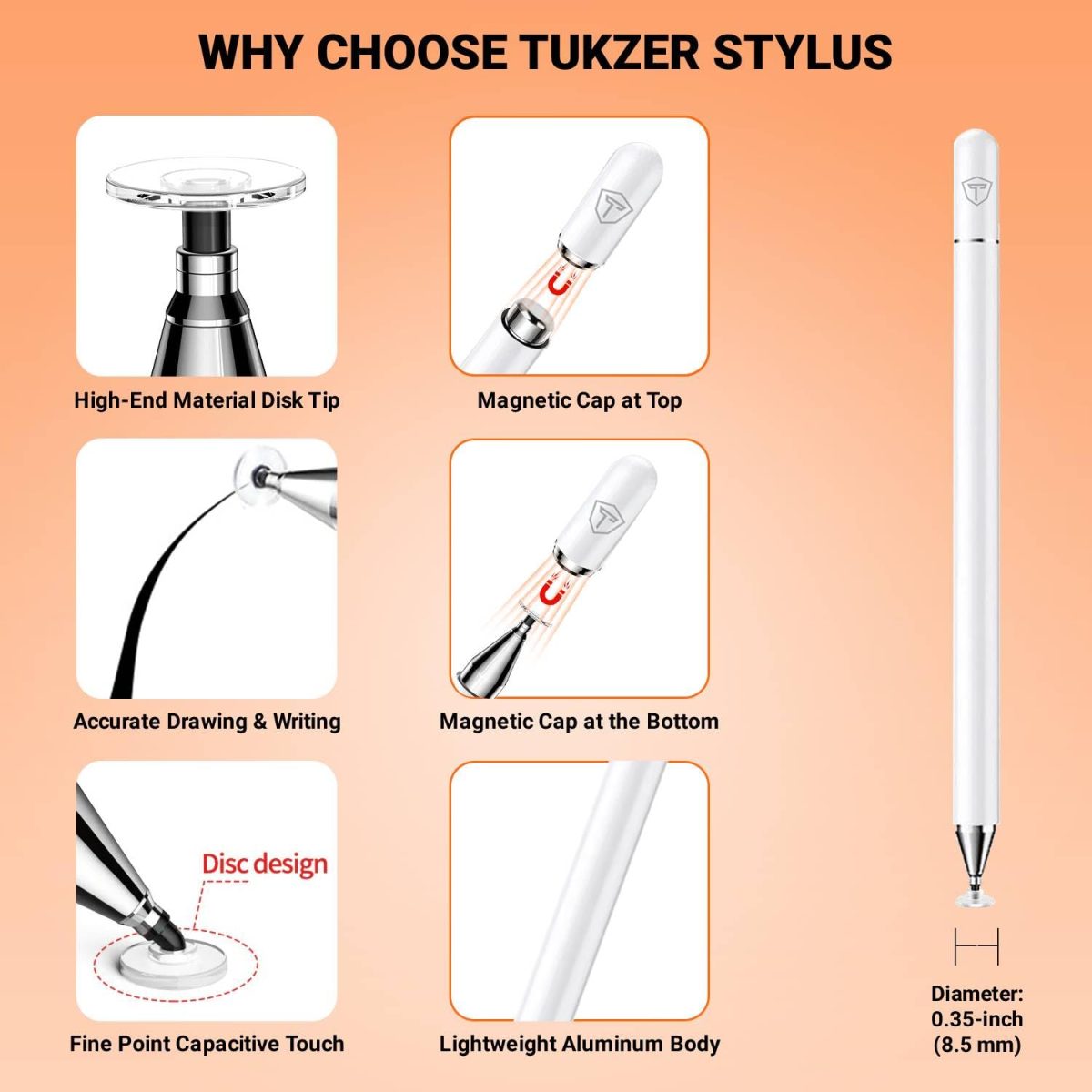 Tukzer Universal Stylus Pen for Smartphone/Tablet/iPad/Pro/Air/iPhone/iOS/Android/All Touch Screens Devices| Fine Point Disc Tip, Lightweight Aluminum Body Magnetic Cap Drawing Writing (White) - Image 4