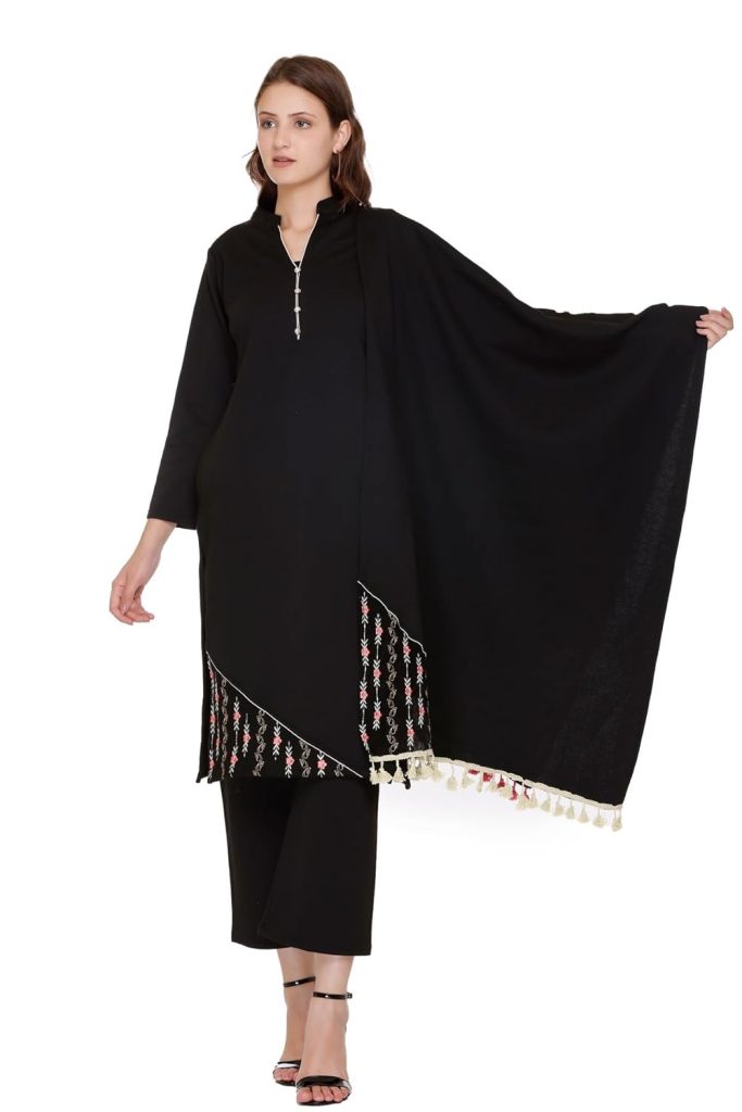 REBECCA Women's Winter Wear Woollen Embroidery Kurta with Plazzo & Dupatta 3Pcs Set