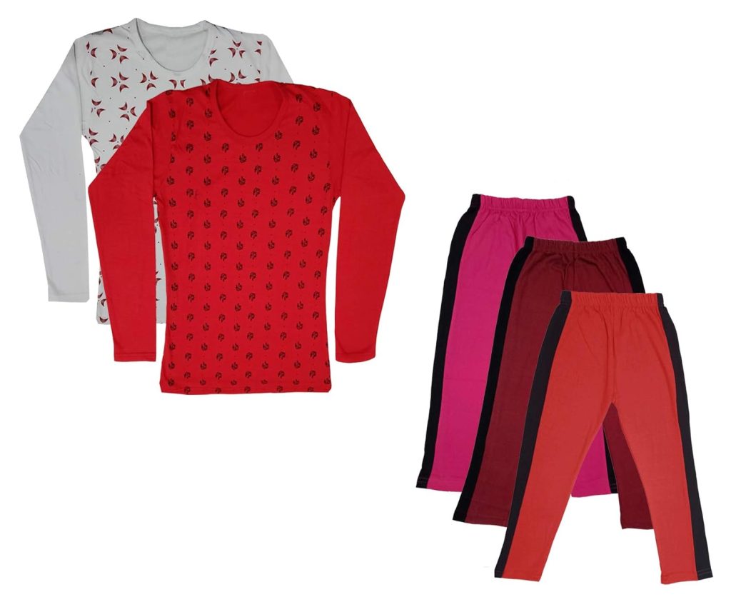 IndiWeaves Girls Cotton Full Sleeve Printed T-Shirts and Cotton Capri 3/4 Pants (Magenta,Maroon,Red,White,Red,9-10 Years) Pack of 5