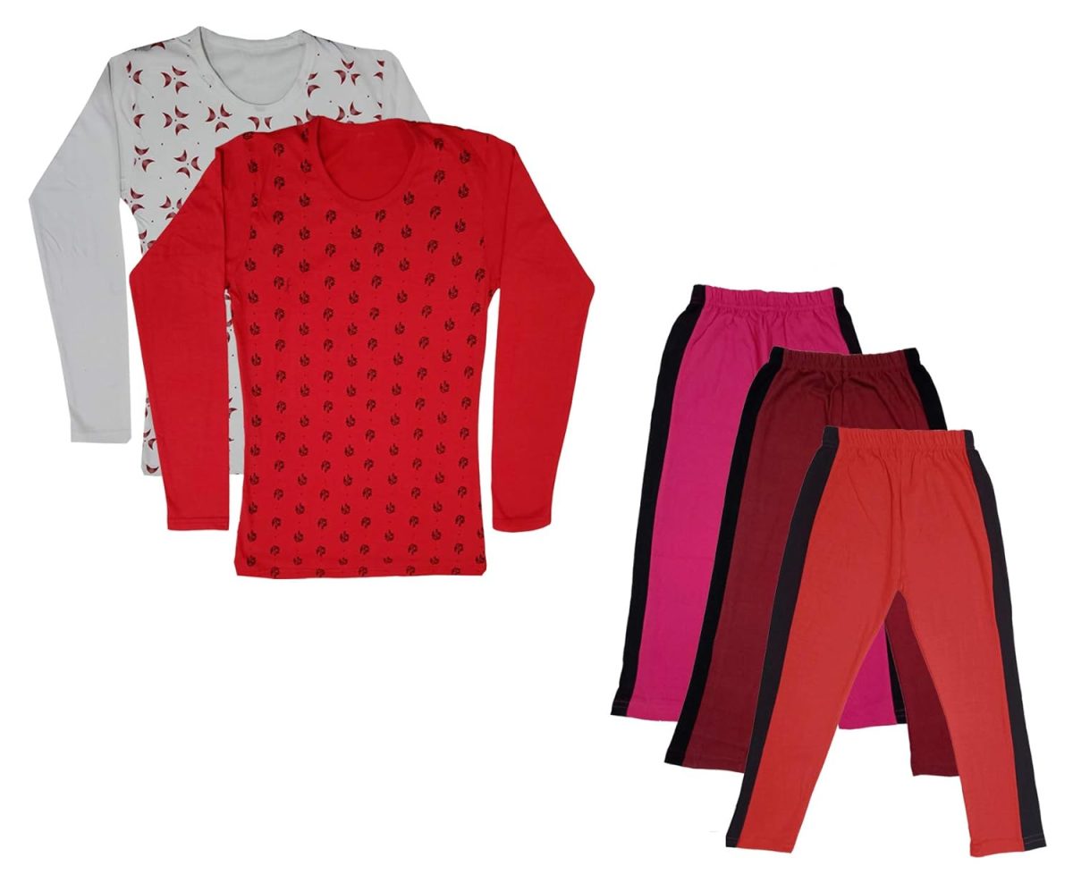 IndiWeaves Girls Cotton Full Sleeve Printed T-Shirts and Cotton Capri 3/4 Pants (Magenta,Maroon,Red,White,Red,9-10 Years) Pack of 5